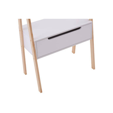White minimalist nightstand with light wood legs and black drawer handle for rostok shelf unit floor space optimization