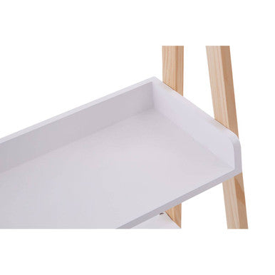 White rostok shelf unit with light wood ladder-style legs maximizing floor space and modern storage options