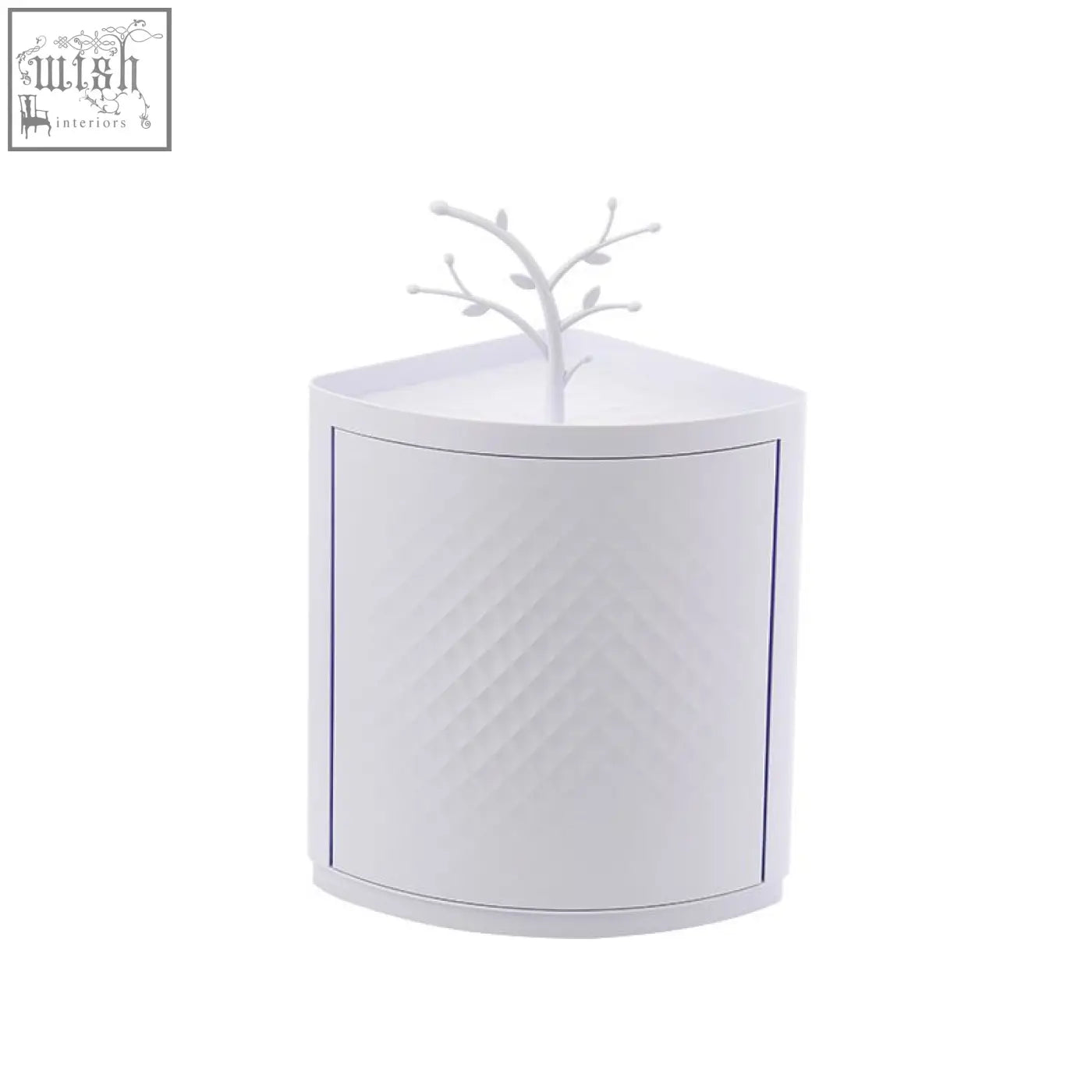 White corner cabinet with subtle textured pattern and tree ornament perfect for storing items in rotatable bathroom makeup organizer