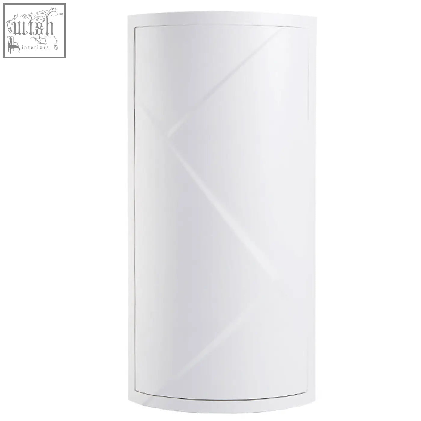 White glossy plastic rotatable bathroom makeup organizer corner cabinet with curved edges for stored items
