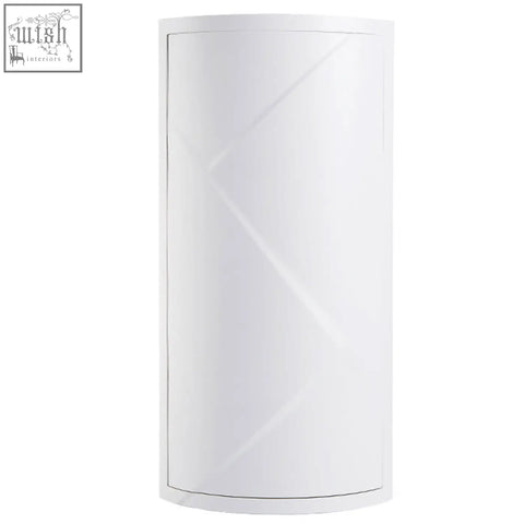 White glossy plastic rotatable bathroom makeup organizer corner cabinet with curved edges for stored items