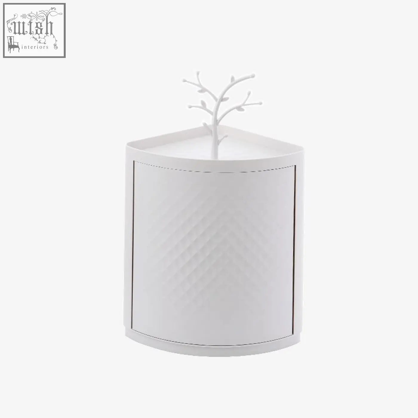 White textured corner cabinet with tree ornament on top for rotatable bathroom makeup organizer storing items