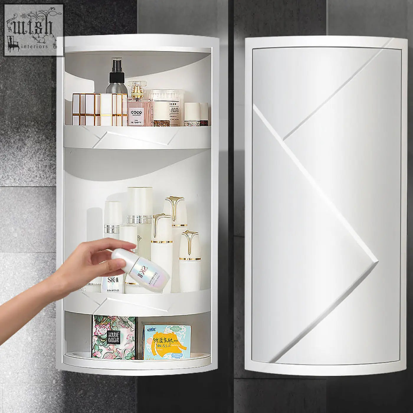White curved plastic rotatable bathroom makeup organizer corner shelf with geometric panel design for stored items
