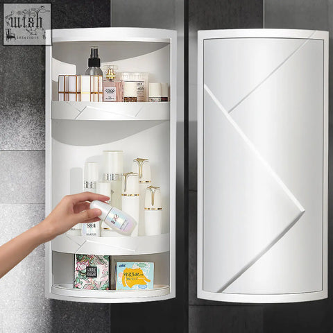 White curved plastic rotatable bathroom makeup organizer corner shelf with geometric panel design for stored items
