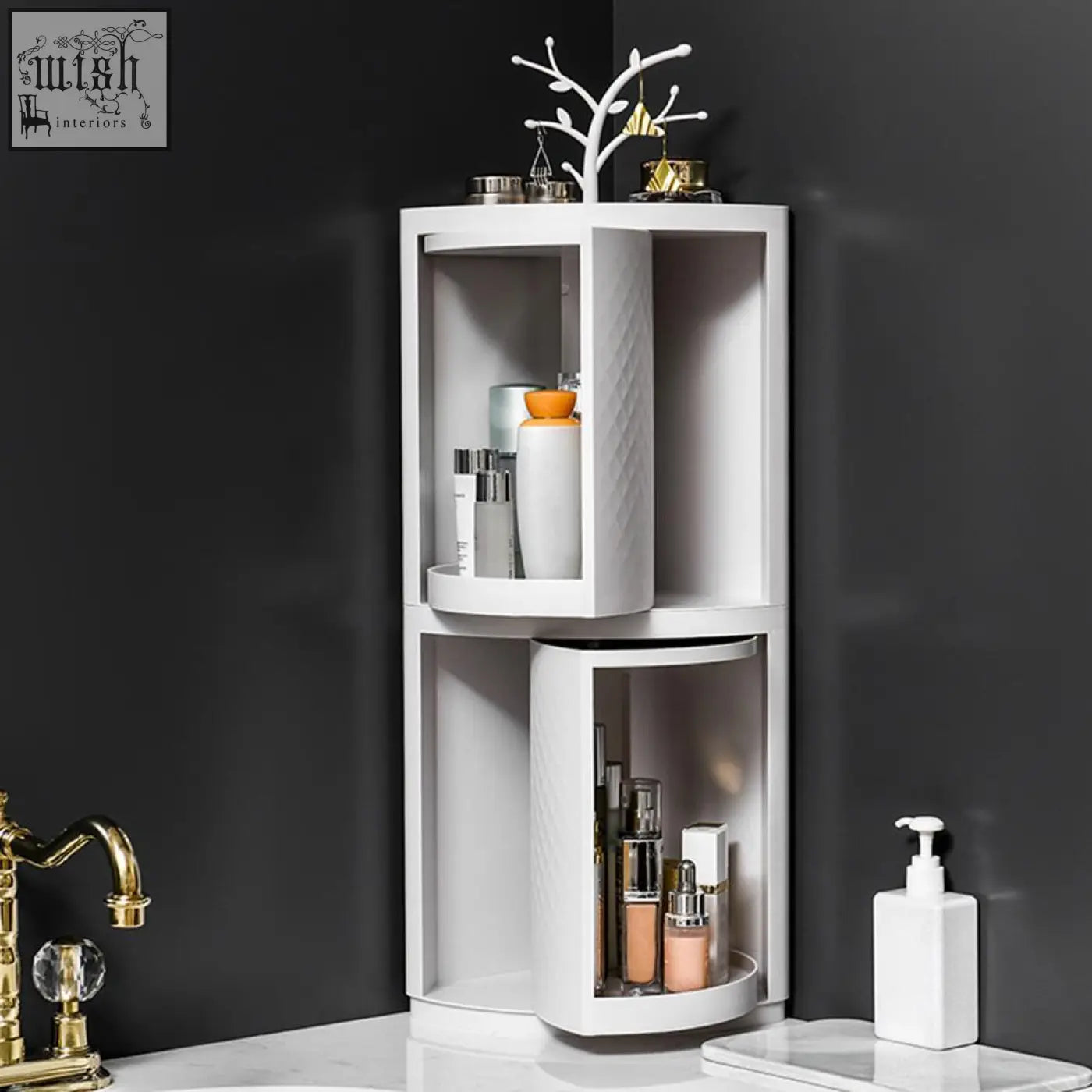 White corner shelf with rotatable bathroom makeup organizer design stores items with textured diamond pattern plastic