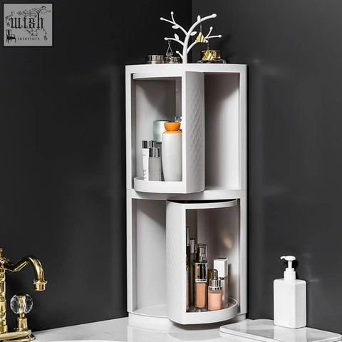 White corner shelf with rotatable bathroom makeup organizer design stores items with textured diamond pattern plastic