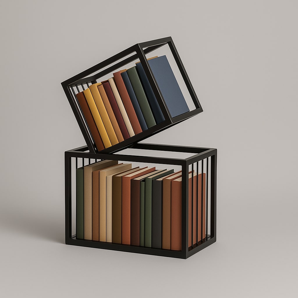 Black metal rotating cube bookshelf with two stacked compartments holding earthy tone books in a cube bookshelf design