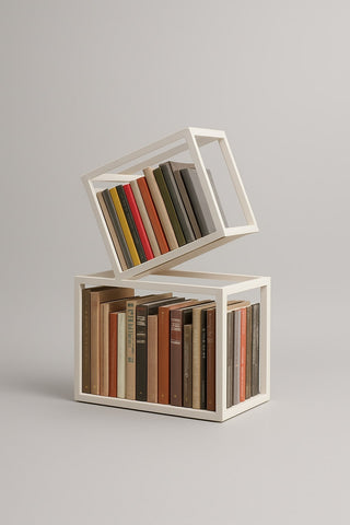 White minimalist rotating cube bookshelf with open compartments filled with colorful books in a cube bookshelf design