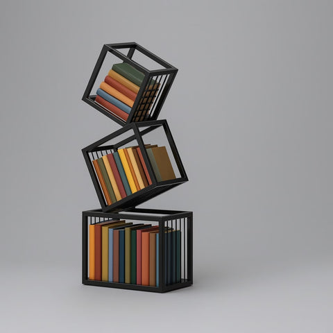 Stacked black metal rotating cube bookshelf with colorful books arranged in each tier for stylish storage