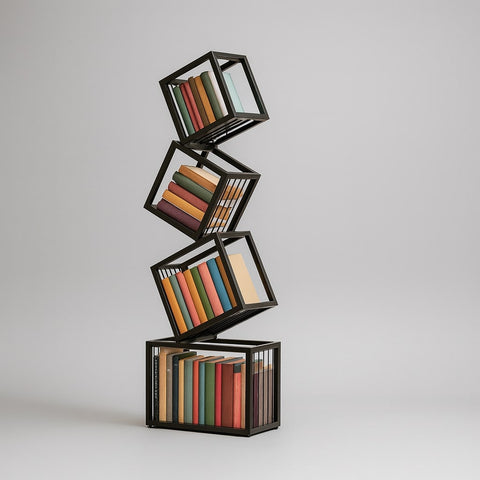 Stacked black metal rotating cube bookshelf with colorful books neatly arranged in each tier for stylish storage