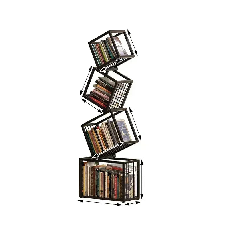Black metal rotating cube bookshelf with glass panels and rotating sections for versatile storage