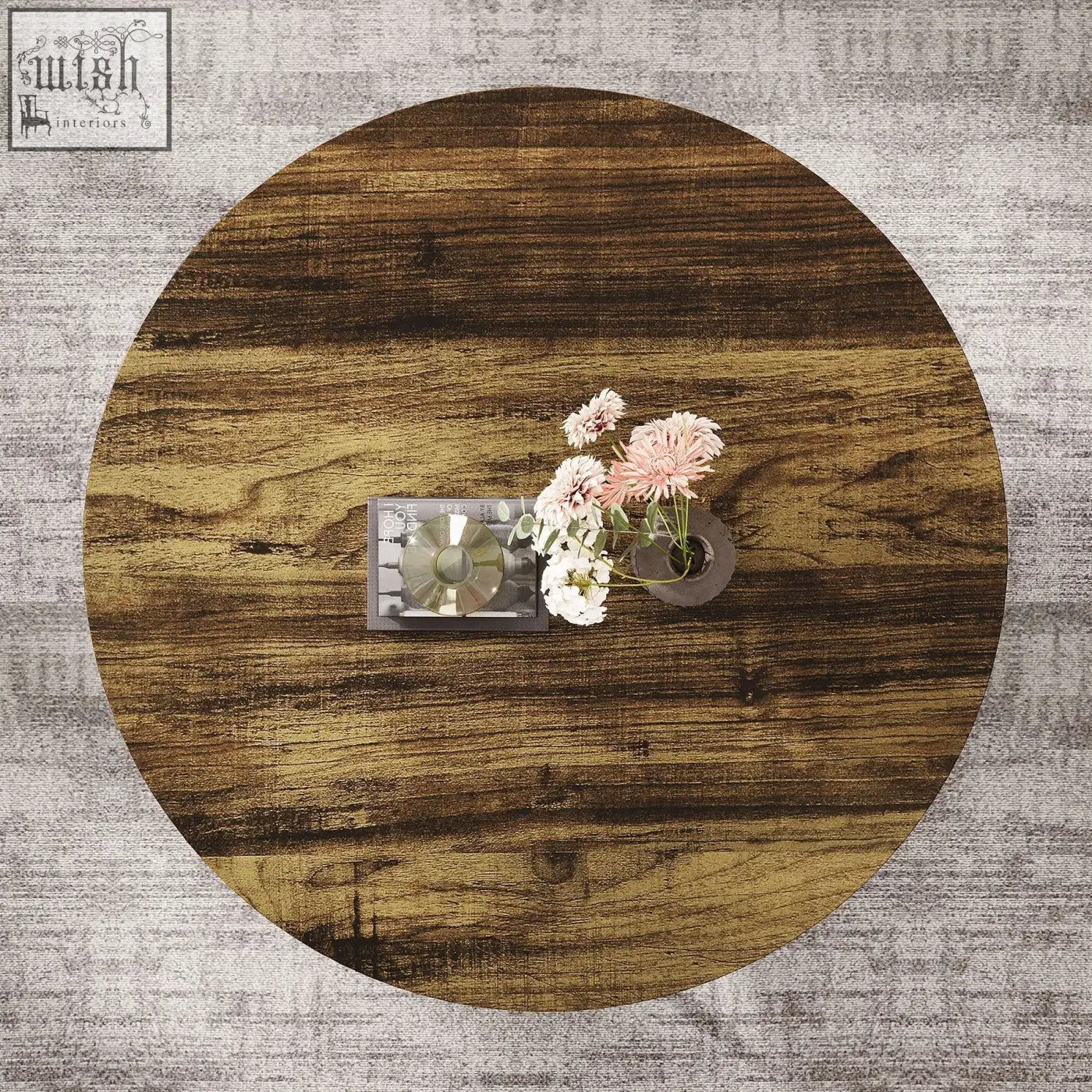 Round coffee table with circular dark brown wooden top and visible rich wood grain perfect for coffee table use