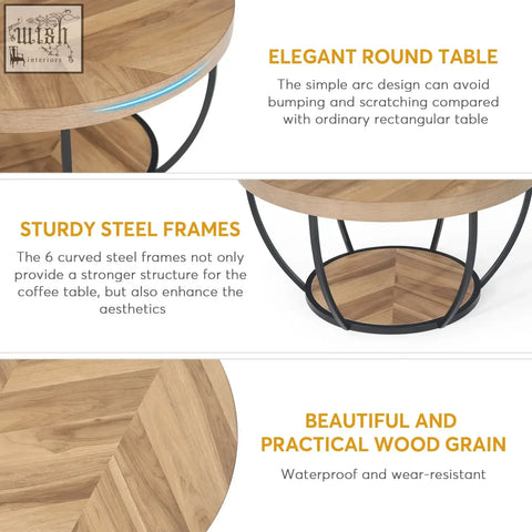Elegant round coffee table with light wood veneer chevron top and black curved steel frame perfect for living rooms
