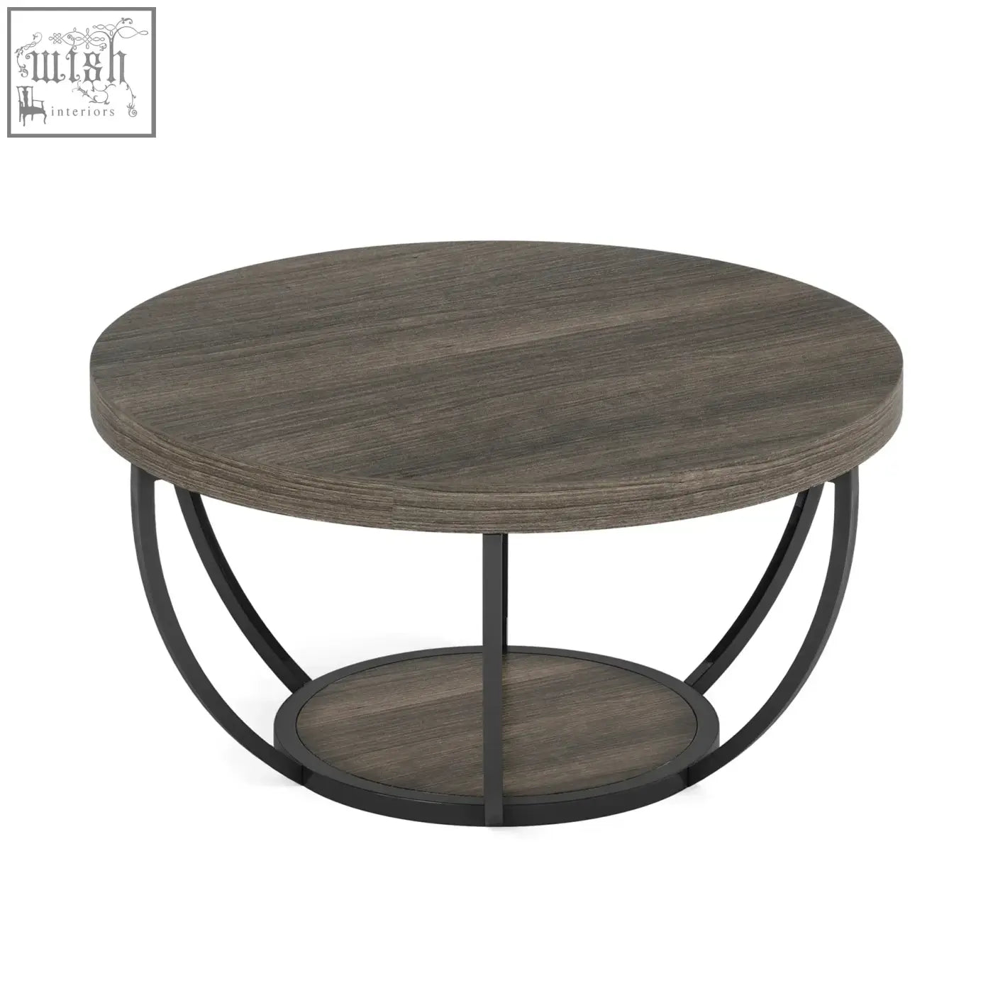 Modern round coffee table with dark gray wood grain top black metal frame and oval lower shelf for living room use