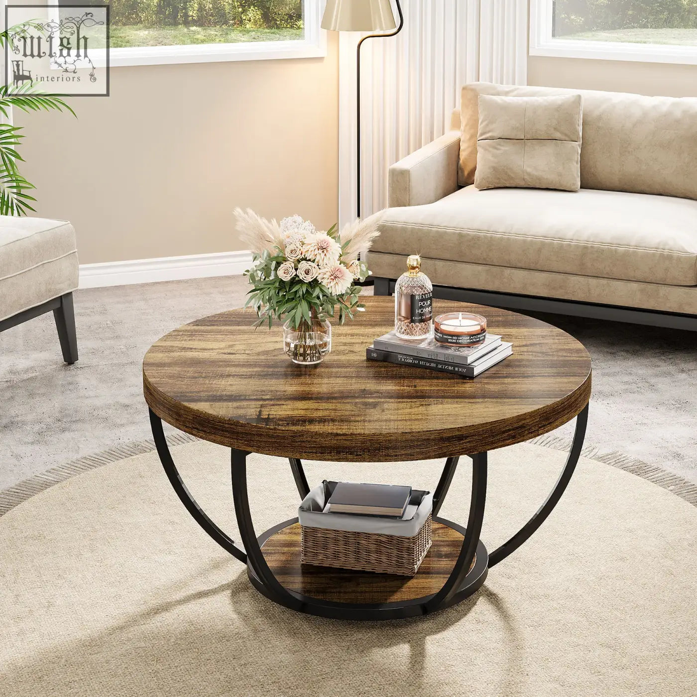 Round coffee table with rustic dark wood top black metal circular legs and open shelf with woven basket storage