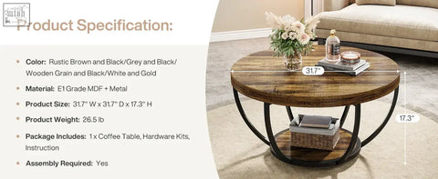Rustic brown and black metal frame round coffee table with distressed wood grain top and lower shelf for living room
