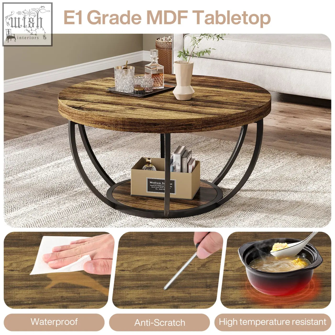 Round coffee table with rustic dark brown wood grain top and sleek black metal circular legs perfect for living rooms