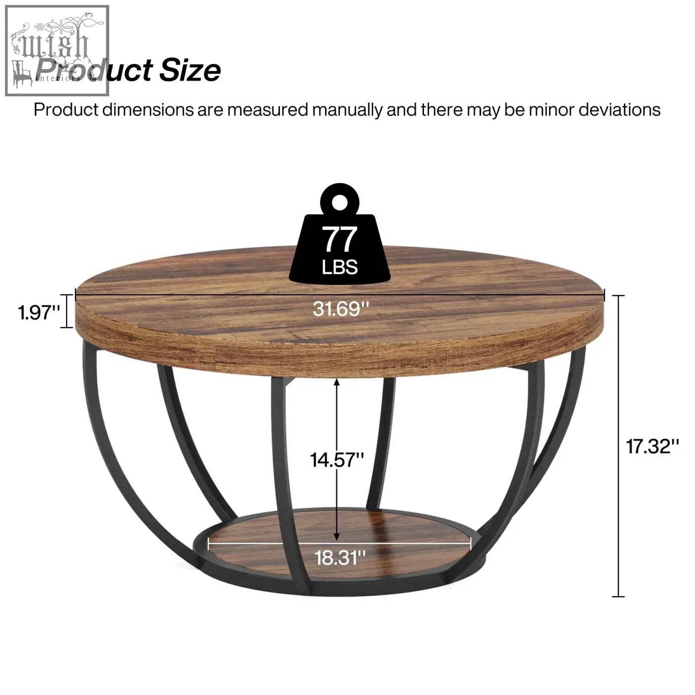 Rustic round coffee table with warm brown wooden top black metal frame and open lower shelf for storage