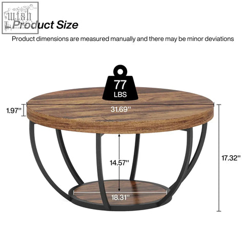 Rustic round coffee table with warm brown wooden top black metal frame and open lower shelf for storage