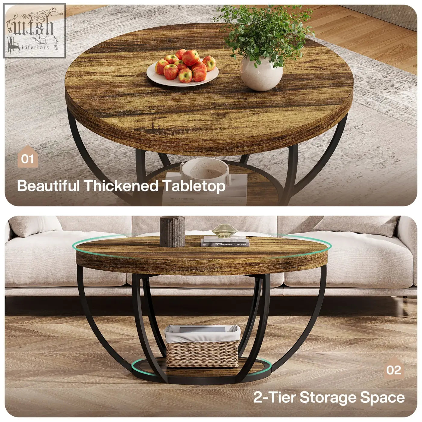 Round coffee table with rustic wood top and black metal curved legs featuring two storage tiers