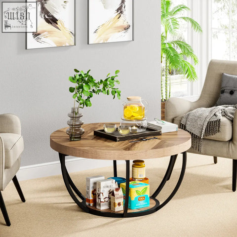 Round coffee table with round wooden top black metal circular legs and lower shelf for stylish living room use