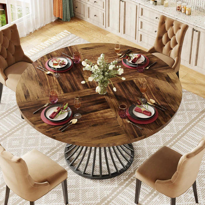 Modern Round Dining Table - Walnut Pedestal Base & Parquet Top