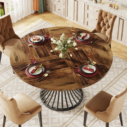 Modern Round Dining Table - Walnut Pedestal Base & Parquet Top