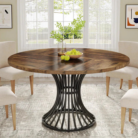 Modern Round Dining Table - Walnut Pedestal Base & Parquet Top