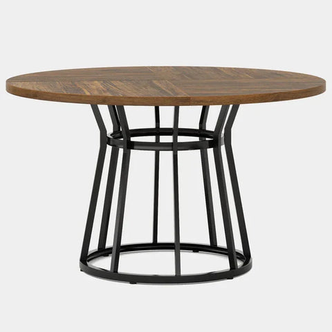 Round Modern Walnut Dining Table - Architectural Pedestal Base & Parquet Top