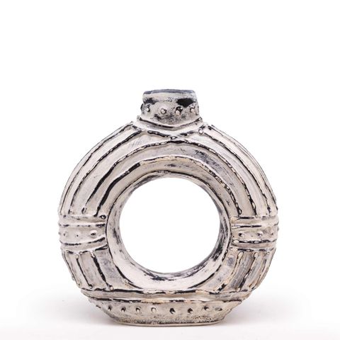 Silver ceramic round donut shaped vase with textured rings and dotted accents perfect for dry flowers