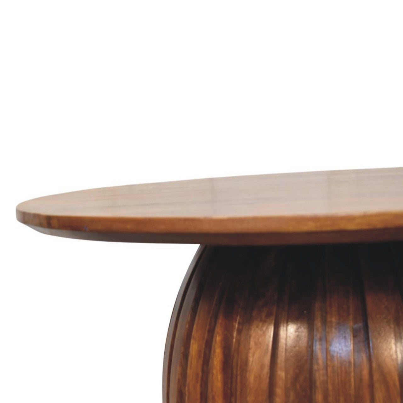 A warm-toned polished wooden round coffee table with a smooth edge and a fluted pedestal base