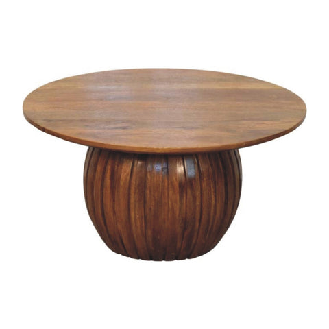 Round fluted coffee table with smooth light brown wooden top and dark brown textured ribbed base coffee table