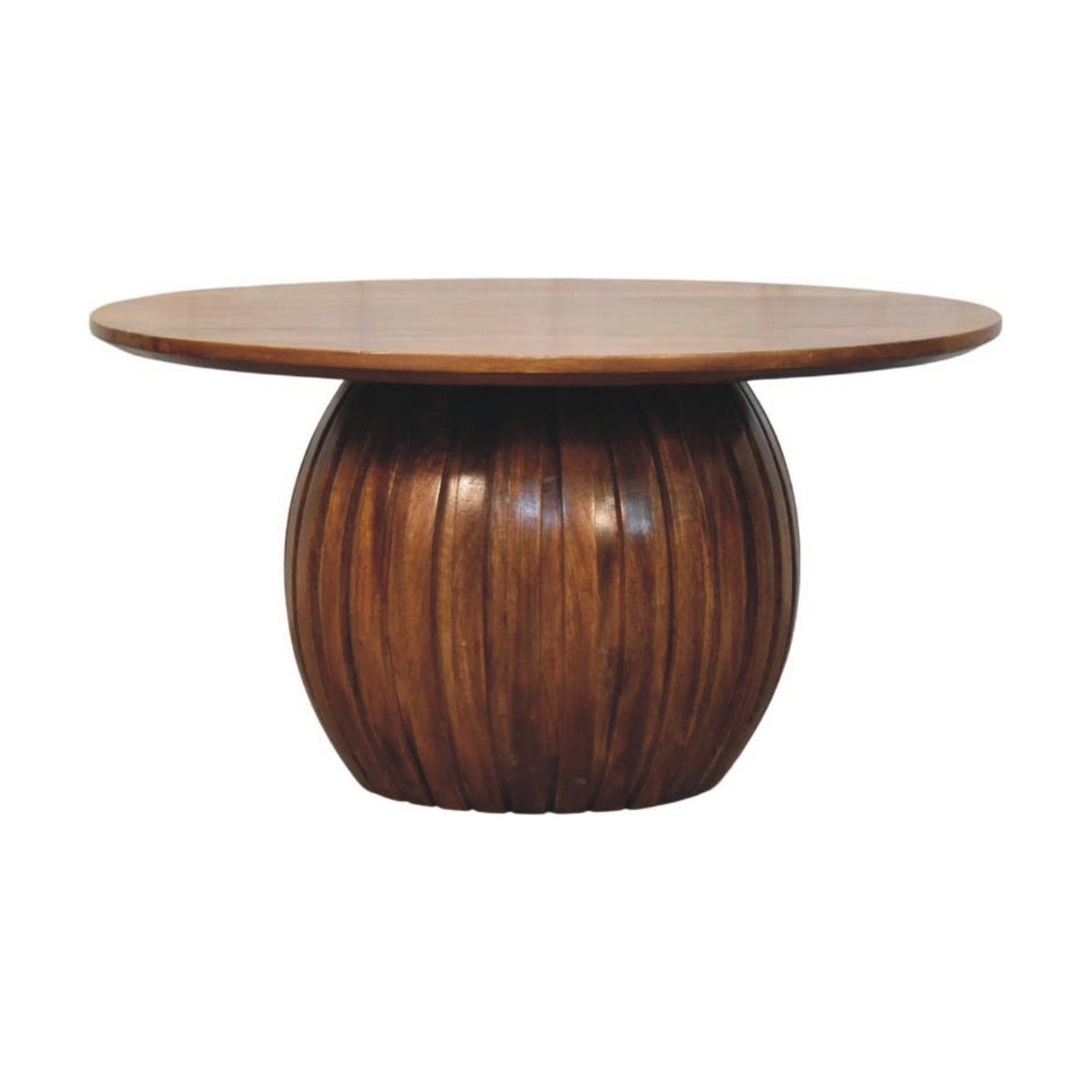 Round fluted coffee table with a smooth wooden top and ribbed pedestal base perfect as a stylish coffee table