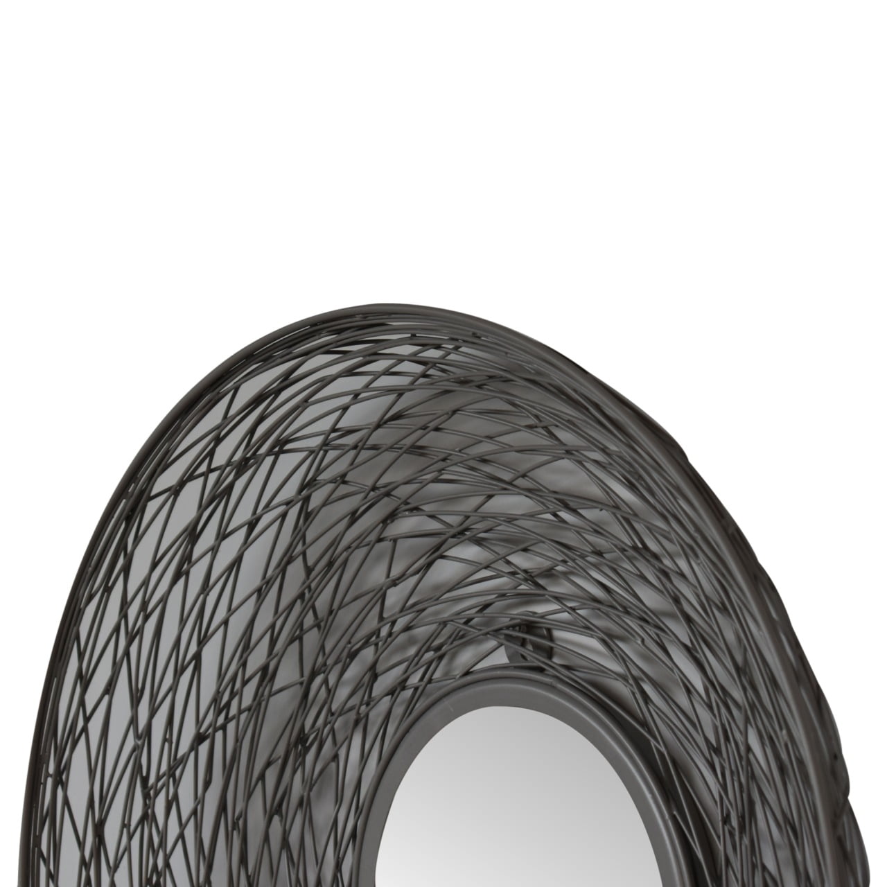 Black wrought iron round nested mirror with an intricate woven wireframe design for wall decor