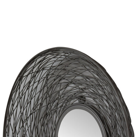 Black wrought iron round nested mirror with an intricate woven wireframe design for wall decor