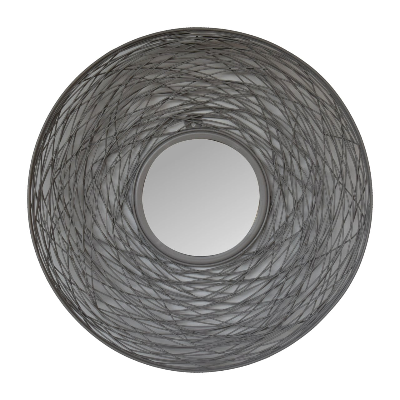 Round nested mirror with a circular glass framed by dark gray woven wire design for stylish wall decor