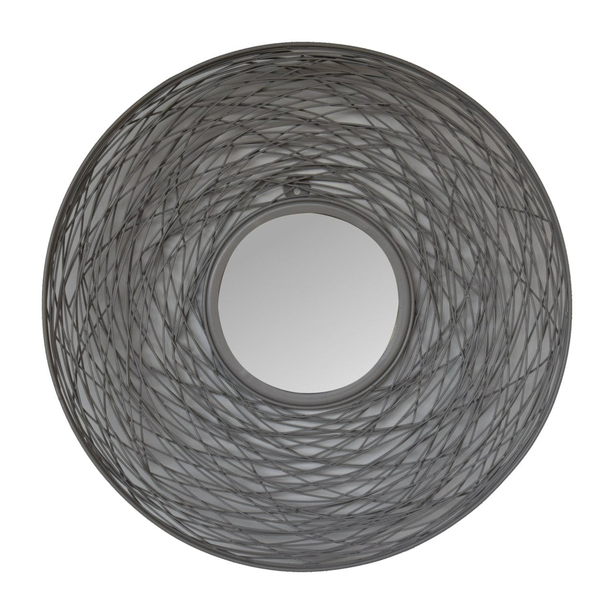 Round nested mirror with a circular glass framed by dark gray woven wire design for stylish wall decor