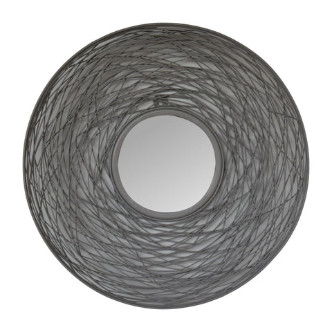 Round nested mirror with a circular glass framed by dark gray woven wire design for stylish wall decor