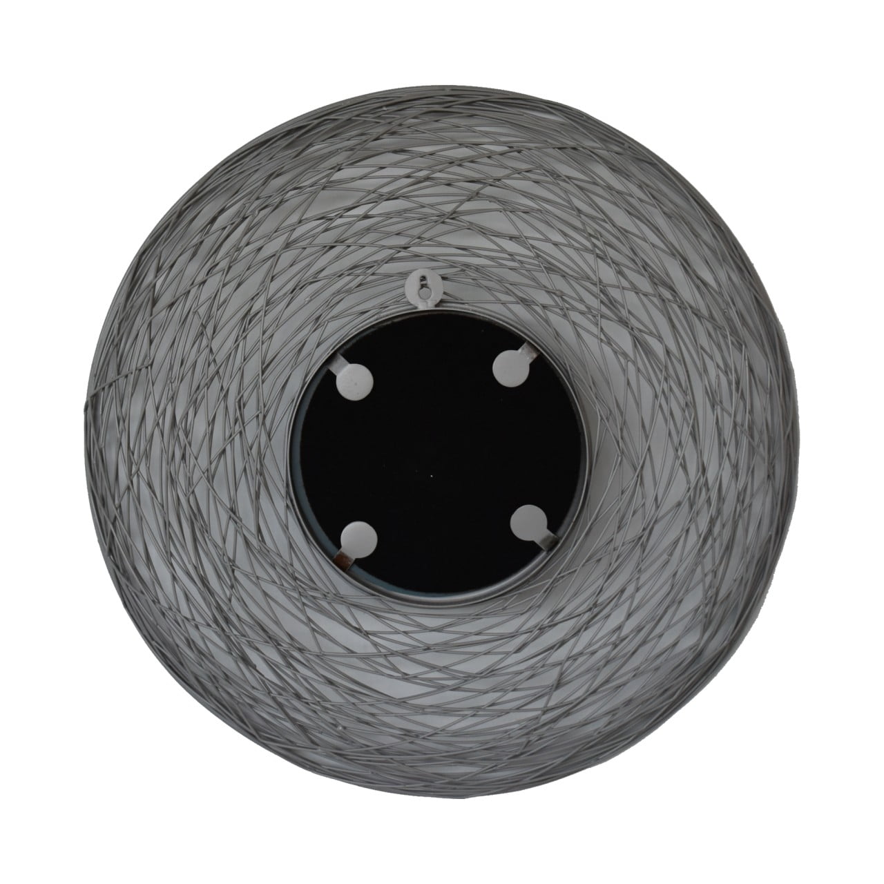 Gray woven round nested mirror with circular spiral design and four mounting points shown from the back side