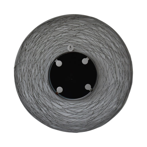 Gray woven round nested mirror with circular spiral design and four mounting points shown from the back side