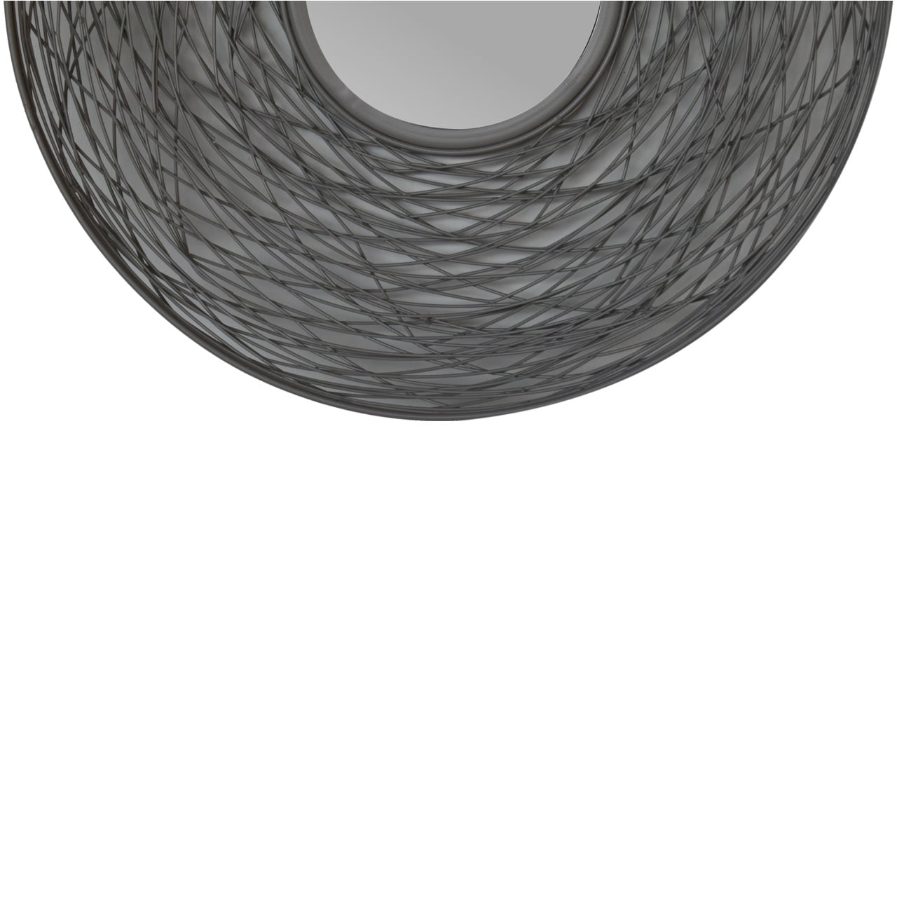 A round nested mirror with a sleek dark gray glass framed by an intricate web of thin metal wires
