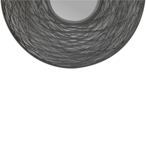 A round nested mirror with a sleek dark gray glass framed by an intricate web of thin metal wires