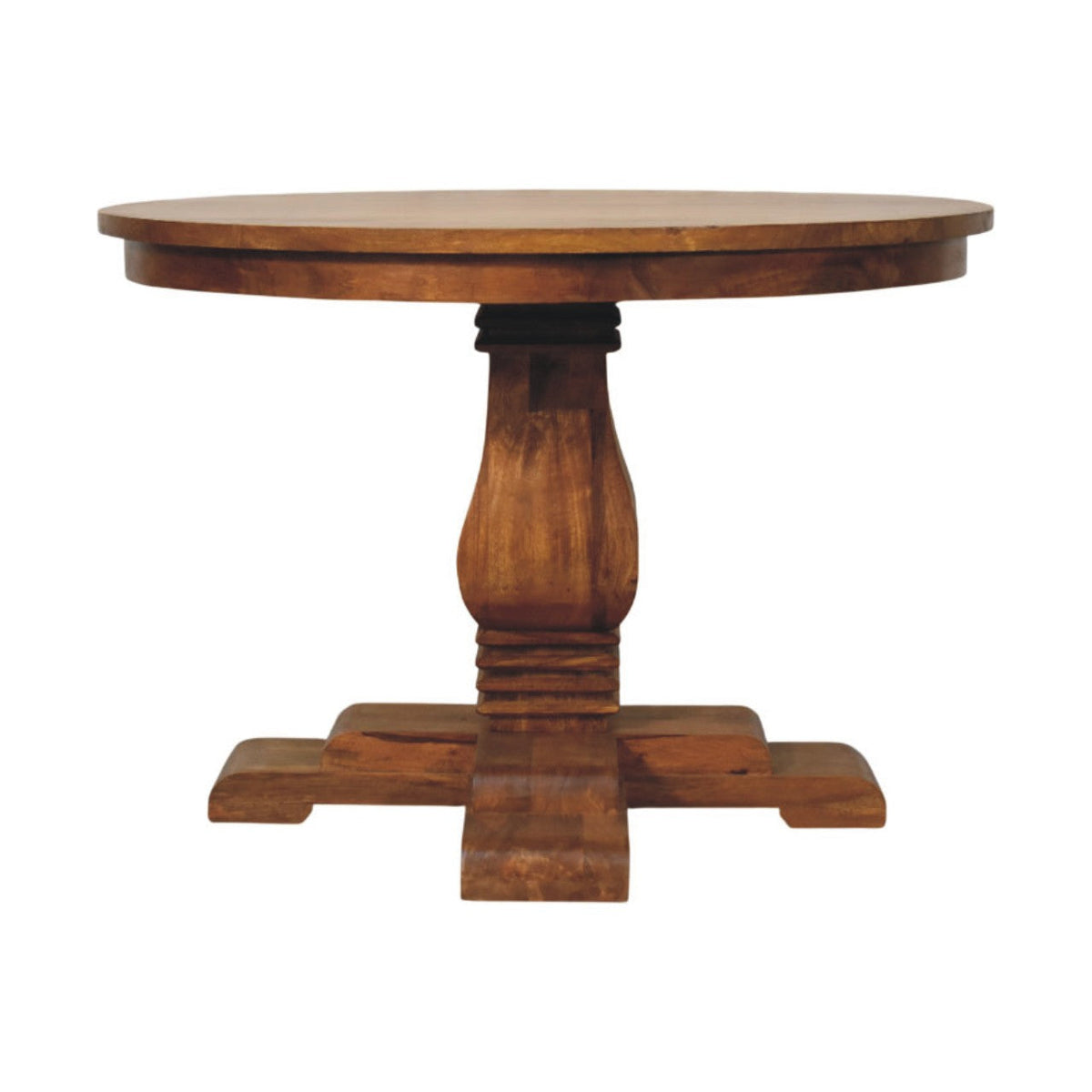 Rustic round pedestal dining table with warm brown wooden finish and carved ornate base perfect for dining room