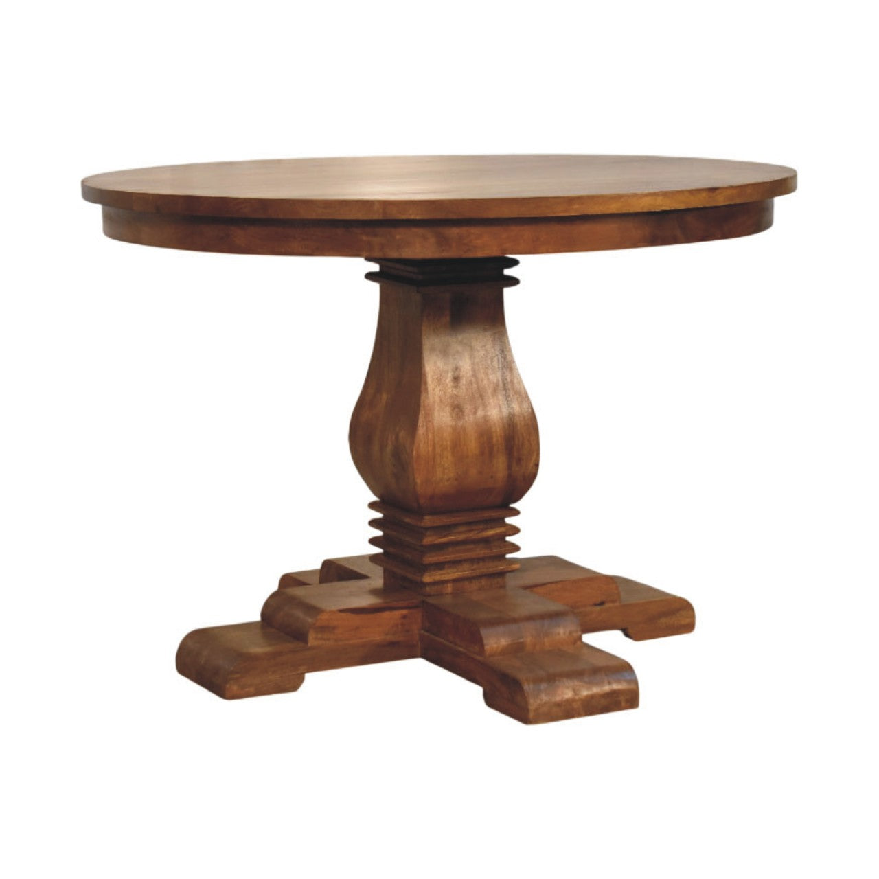 Round pedestal dining table with warm brown wooden finish and ornate stacked groove base perfect for dining room