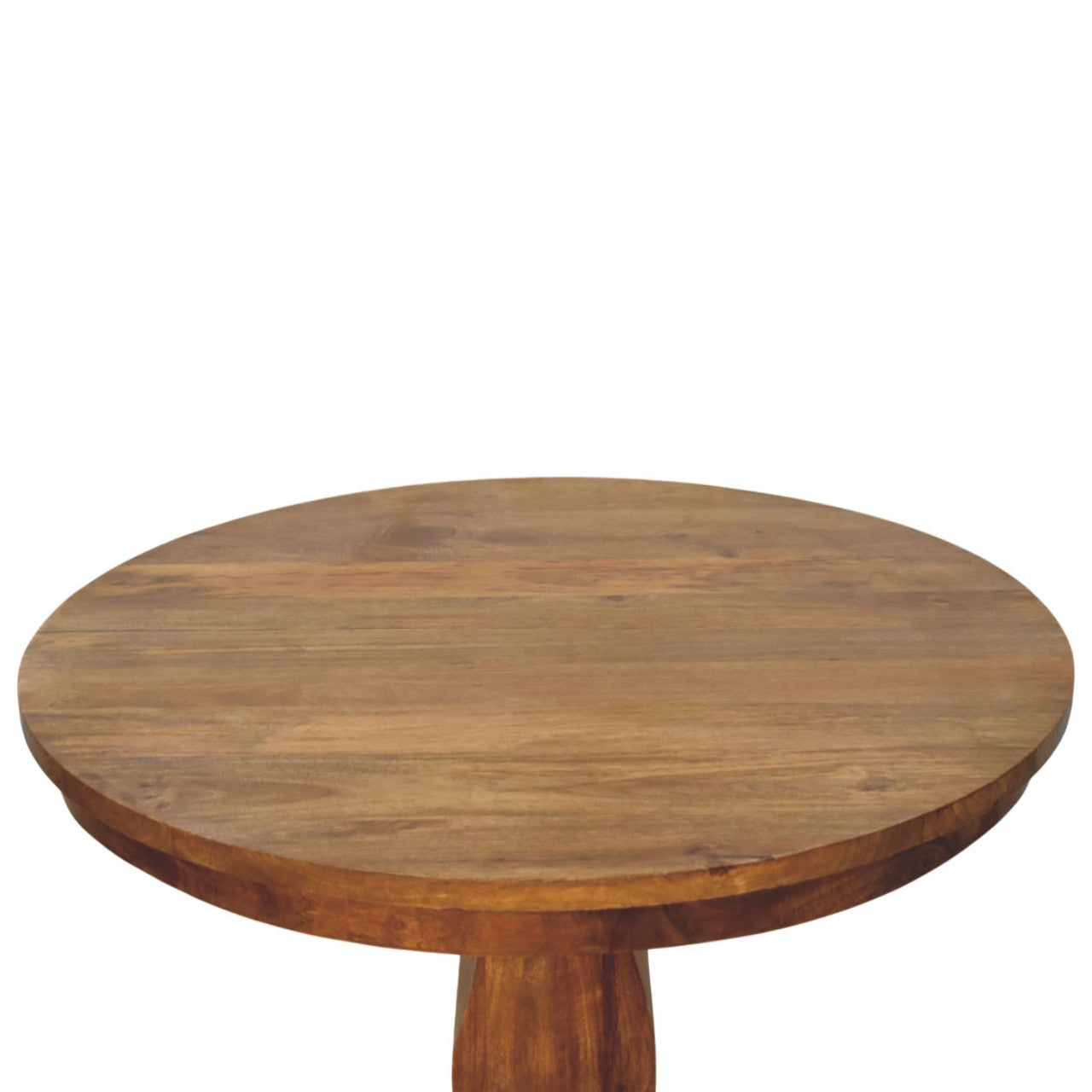 Round pedestal dining table made of wood with a warm natural finish and visible wood grain perfect for dining room