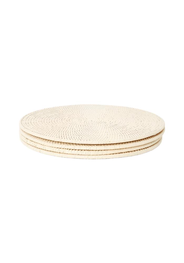 Beige woven rattan placemat with textured circular pattern in sand colour perfect for dining table set of 4