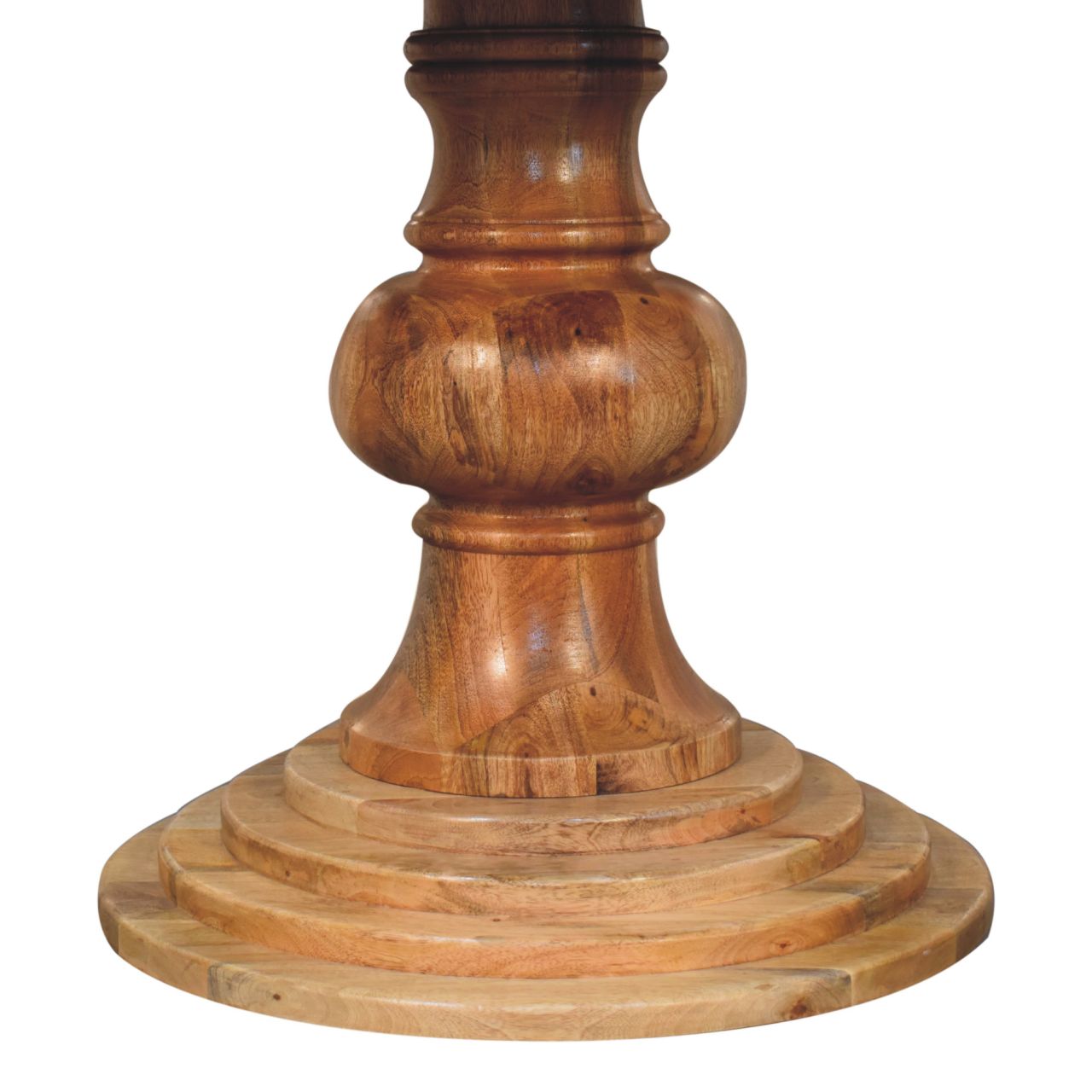 A polished medium brown wooden leg with turned design and tiered base for a round turned dining table