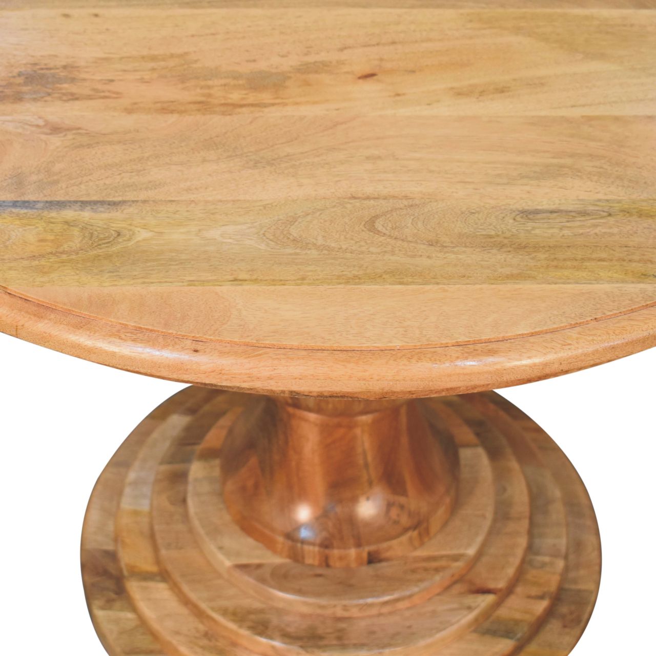 Round turned dining table with natural finish round wooden top and sturdy pedestal base perfect for dining rooms