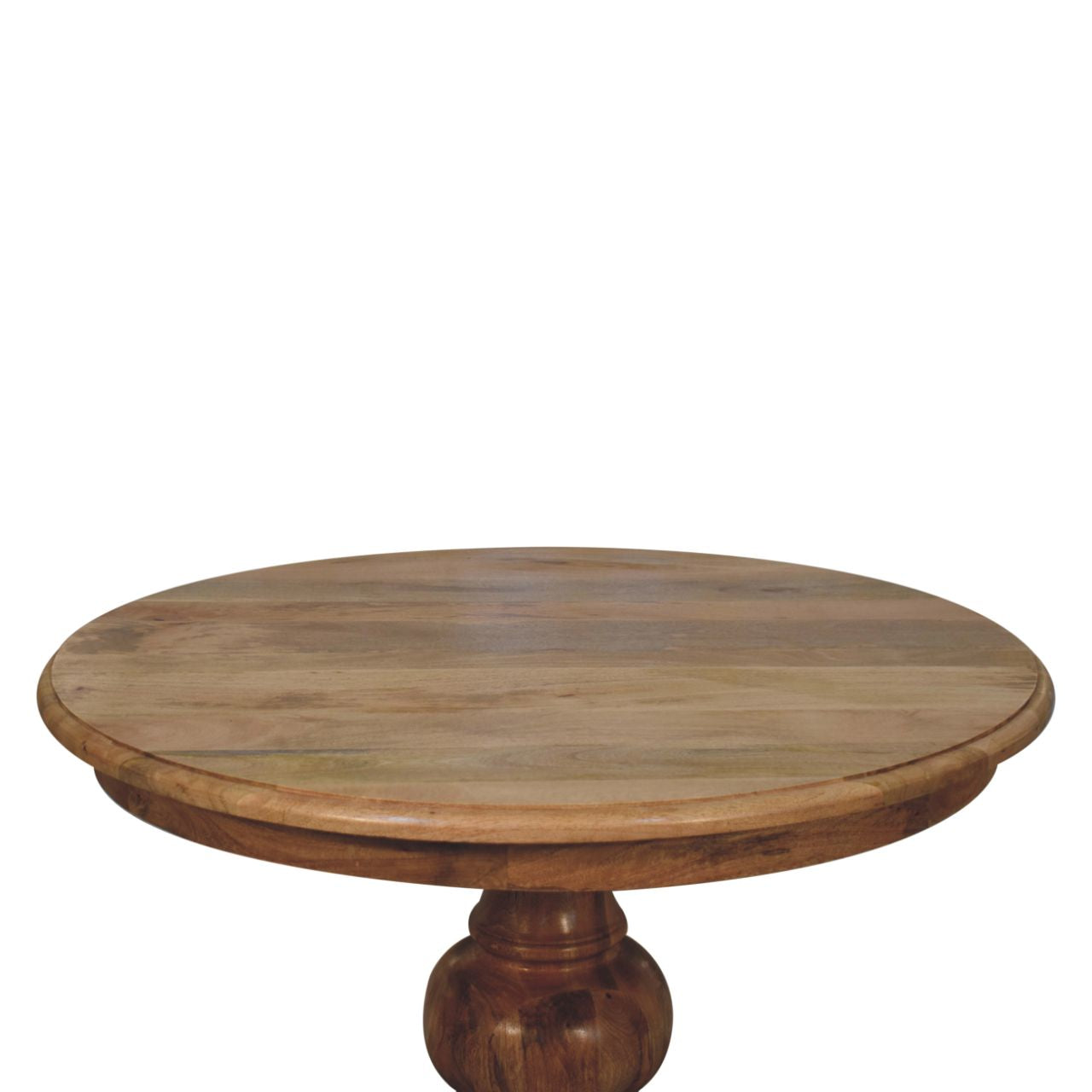 Round turned dining table with a natural finish and visible wood grain made of round wooden pedestal material