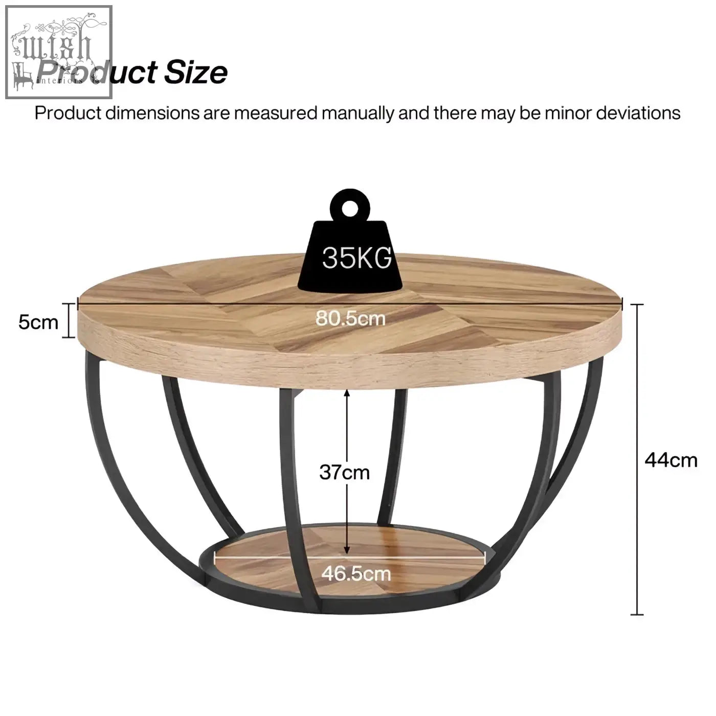 Round wooden coffee table with black metal frame and 2 tier shelves for stylish storage and display